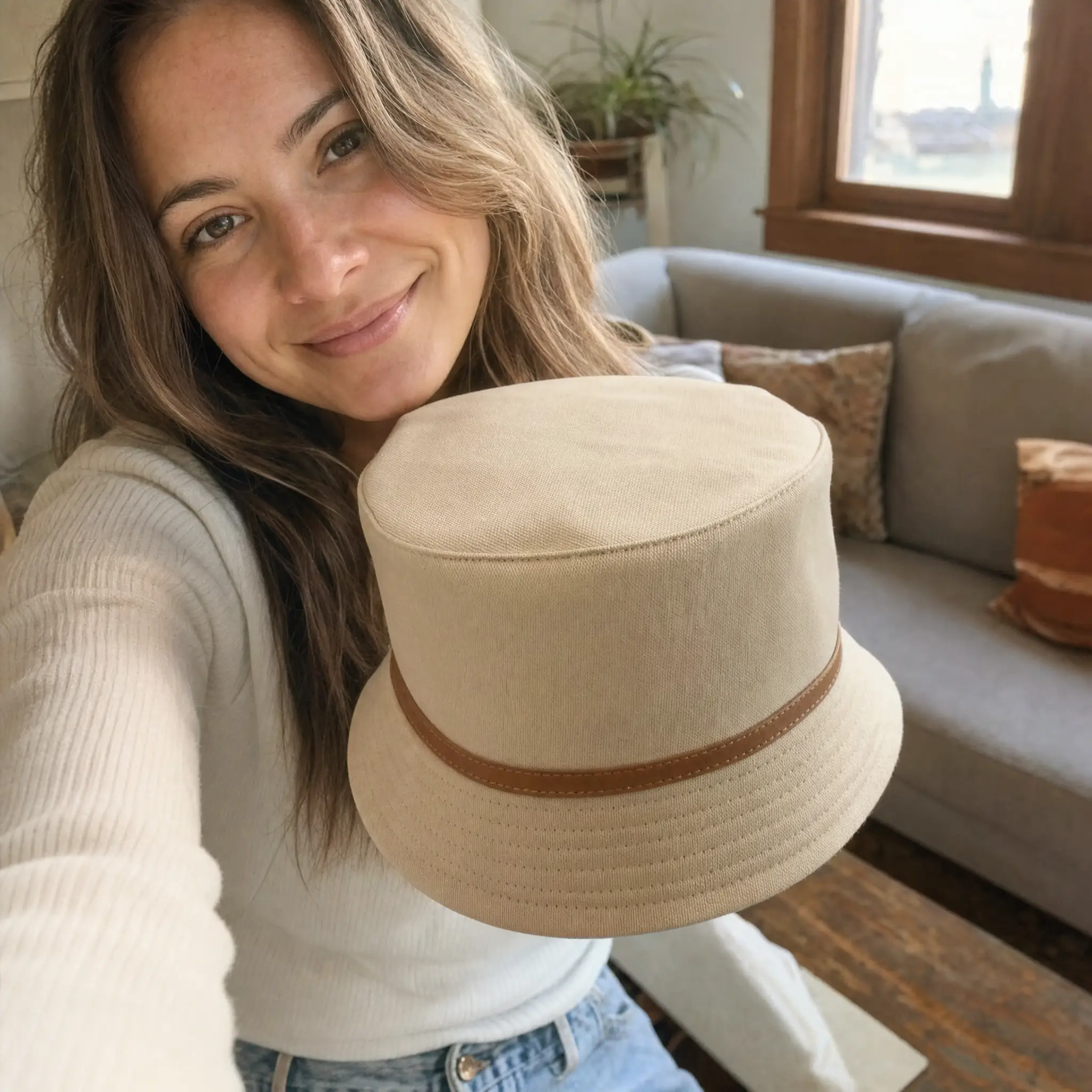 The same hat held up to the camera, filmed the way a customer would