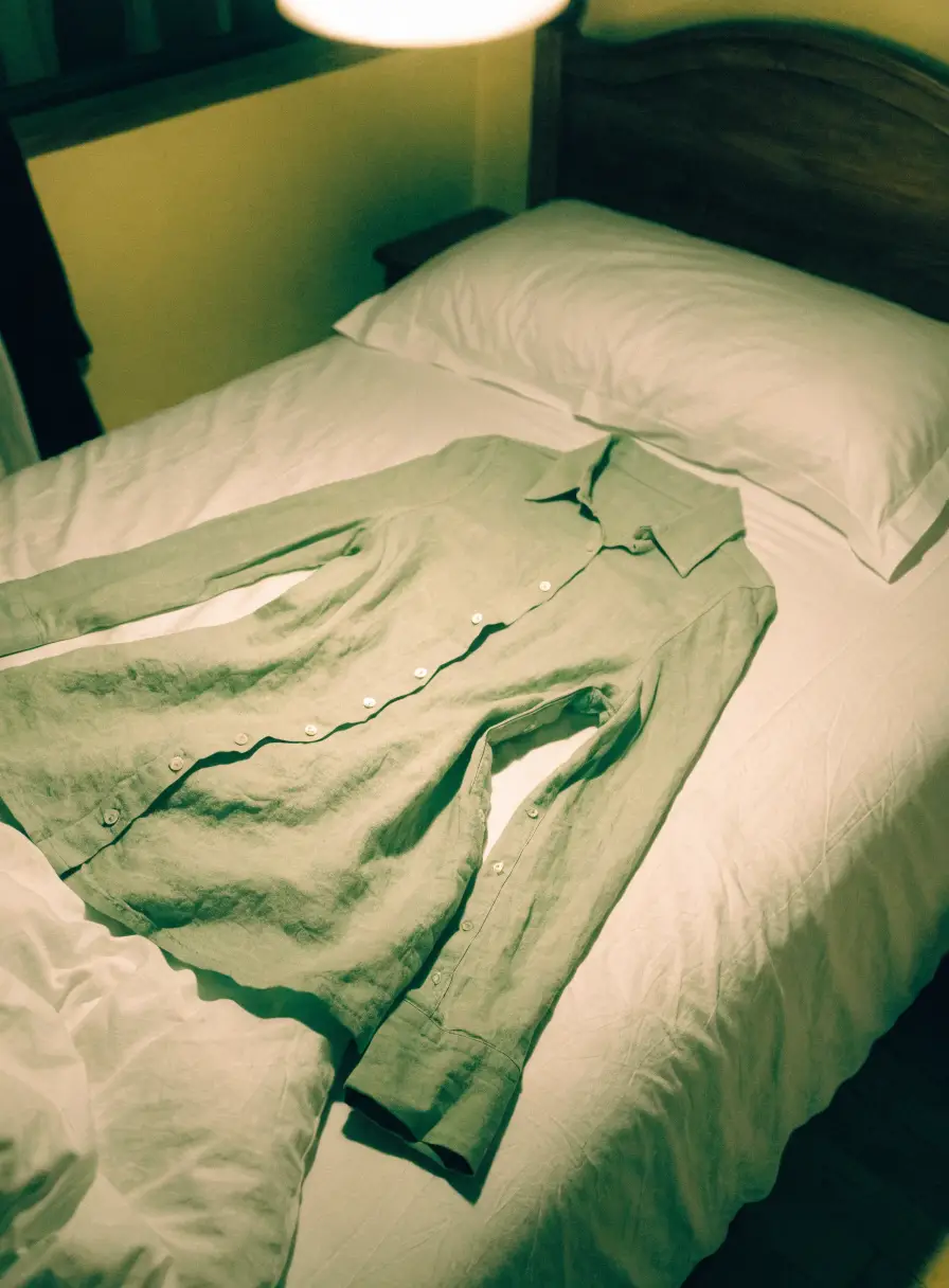 A linen dress photographed on a bed with a phone, under a ceiling light