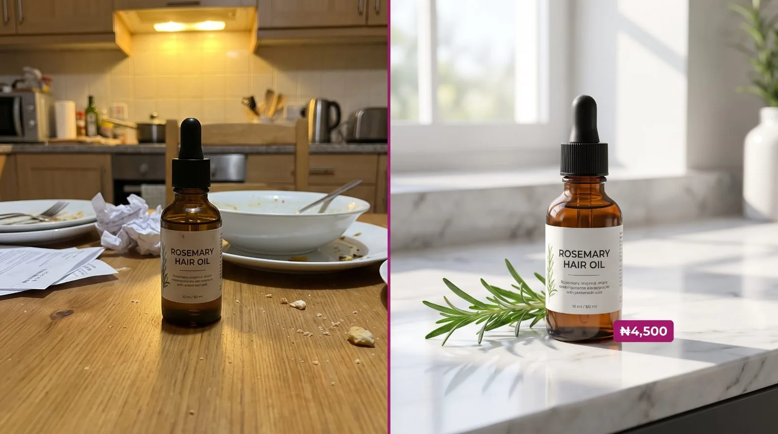 Left: a hair-oil bottle snapped on a cluttered kitchen table. Right: the same bottle as a studio product photo with a price tag