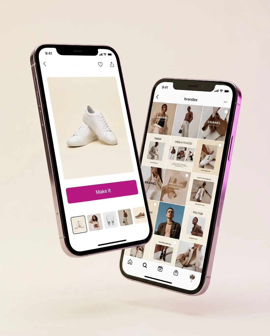 Two phones showing the AnyStudio mobile app: a product on a studio backdrop with a Make it button, and a grid of finished posts