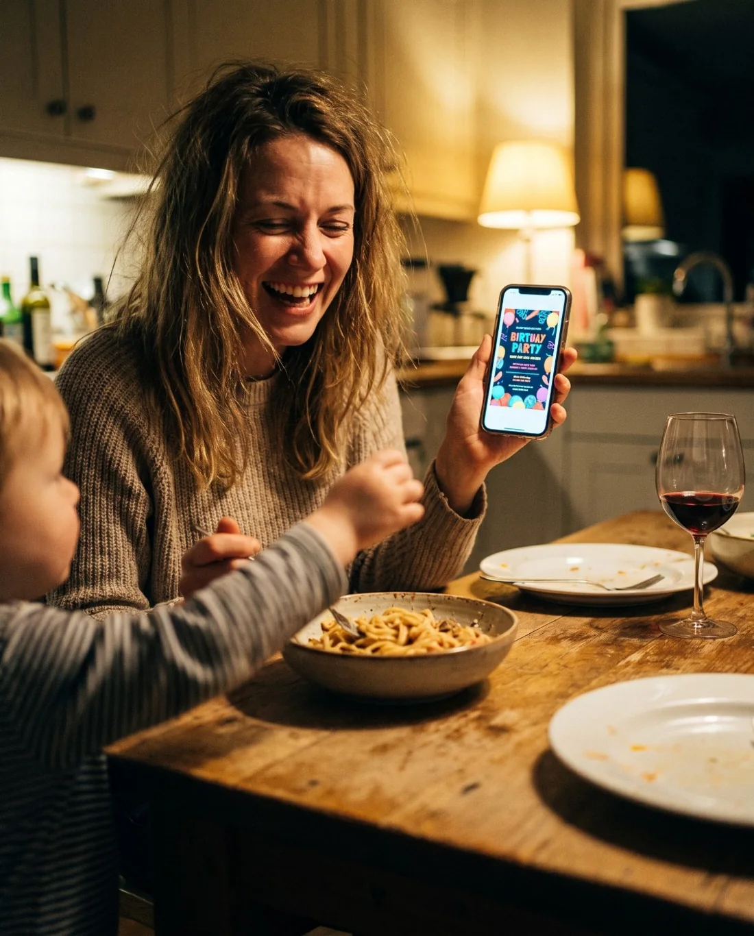 A woman at a kitchen table laughs as she shows off the birthday flyer she made on her phone