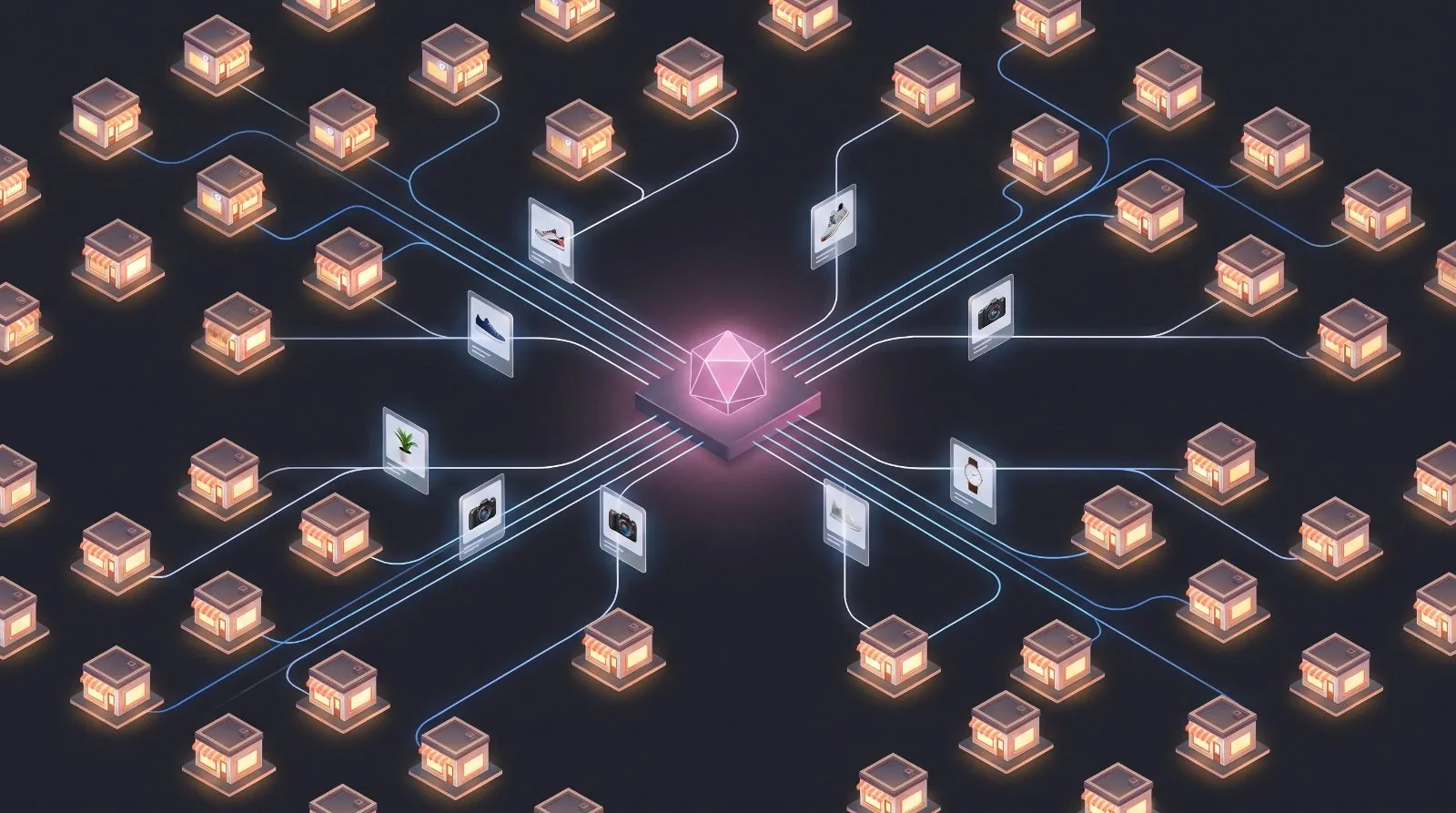 An isometric illustration of many storefront tiles connected to one central studio